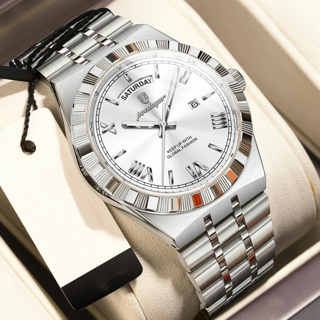 POEDAGAR Business Male Watch Luminous Waterproof Stainless Steel Men Wristwatch Week Date Quartz Fashion Men's Watches