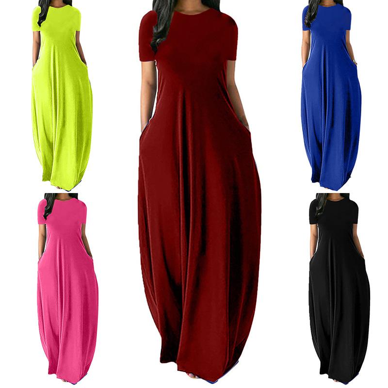 Women Long Dresses Evening Dress Short Sleeve Fashion O-Neck Elegant Summer Beach Dress Solid Color Casual Loose