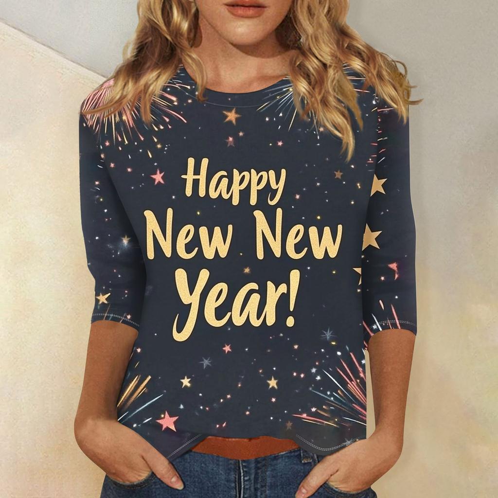 Женская мода повседневная новогодняя принтованная круглая горловина с рукавом три четверти топ Новый год 2025