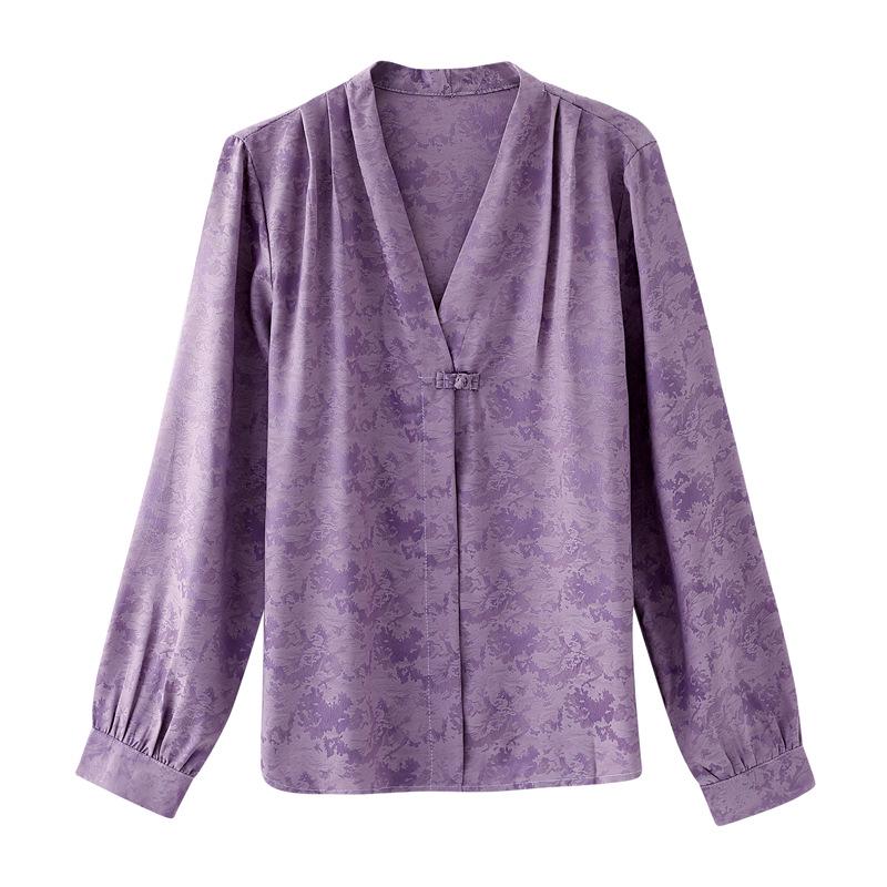 Женская зеленая рубашка из искусственного шелка Ханчжоу: Китайский стиль, длинный рукав, свободный крой, удобный и дышащий атласный топ.