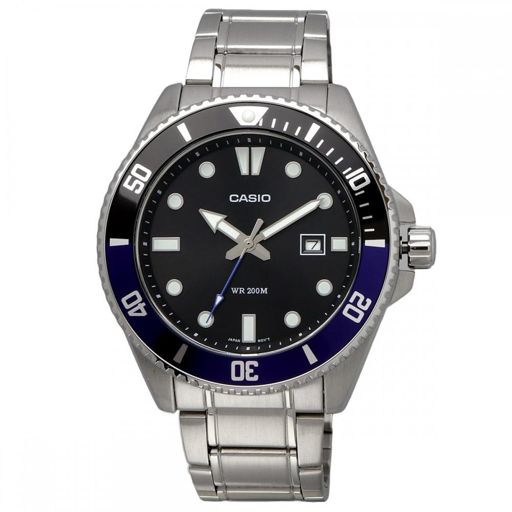 Casio CASIO Стандартные аналоговые спортивные водонепроницаемые часы MDV-107D-1A2V мужские с черным и синим безелем и металлическим ремешком, модель Overseas