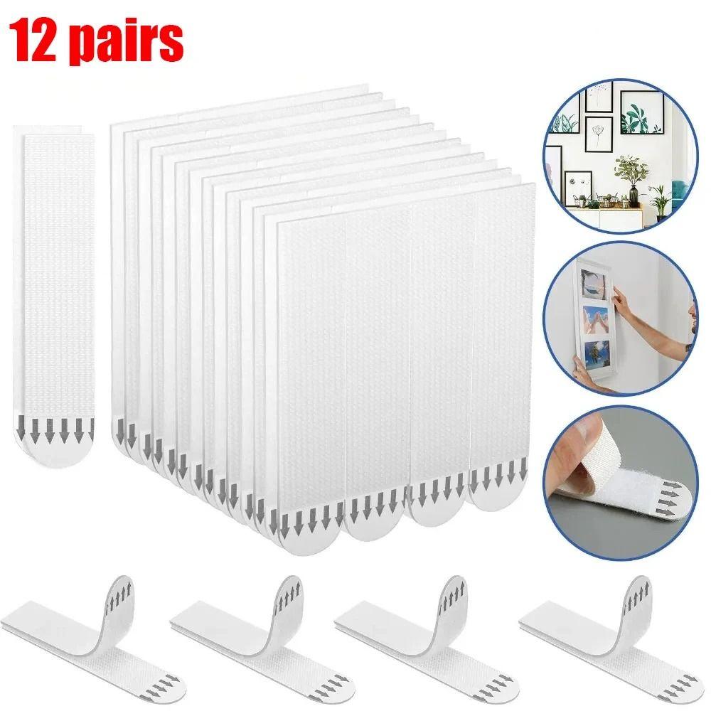 12 Pairs Punch-free Frame Tape Strips Picture Frame Wall Hook Decorate Wall Hanger