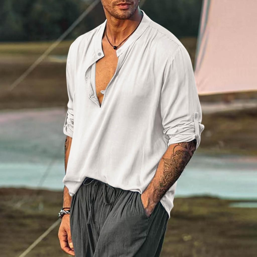 Мужская полуоткрытая рубашка, разноцветная хлопково-льняная рубашка, круглый вырез, модный рукав, рубашка с длинными рукавами