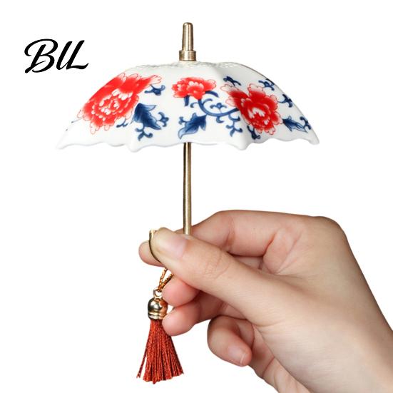 Clear Brew Tea Infuser Umbrella-Shaped Ceramic with Rotating, Chinese Blue & White Strainer for Heat Resistant Brewer Loose Leaf Tea, Kung Fu Filter,