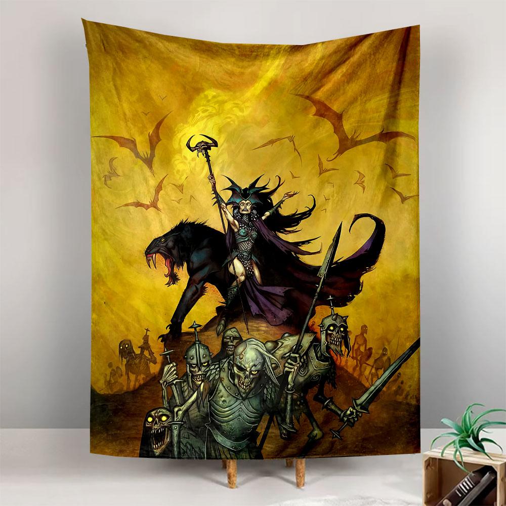 A dark sorceress leads undead warriors and a beast against a fiery sky. Patterned tapestry for bedroom and living room home decor