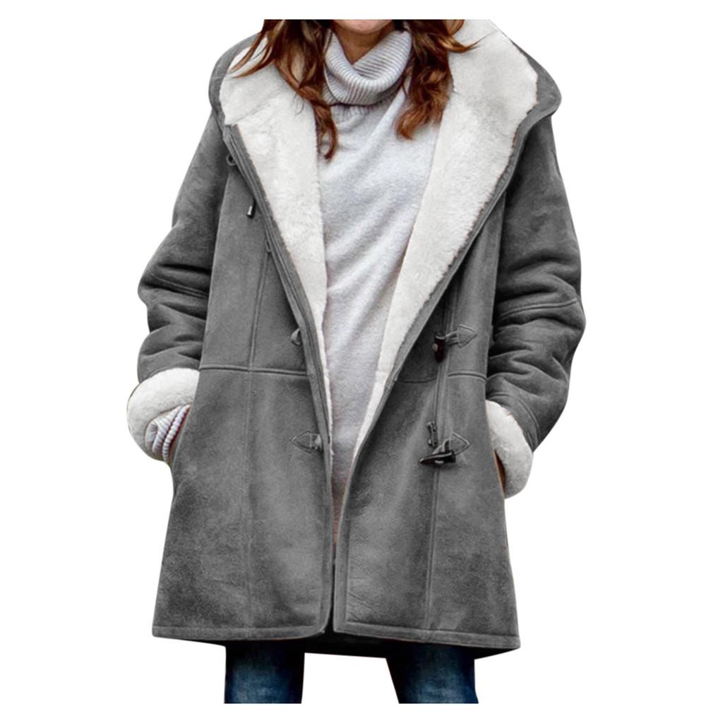 Women Winter Plus Size Solid Plus Velvet Coat Long Sleeve Horn Buckle Pocket Overcoat