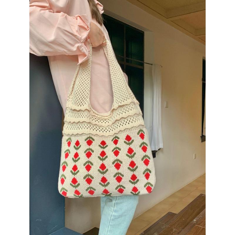 Knit Bag Vintage Mesh Hollowed Out Women's Shoulder Bag Woven Bag Tote