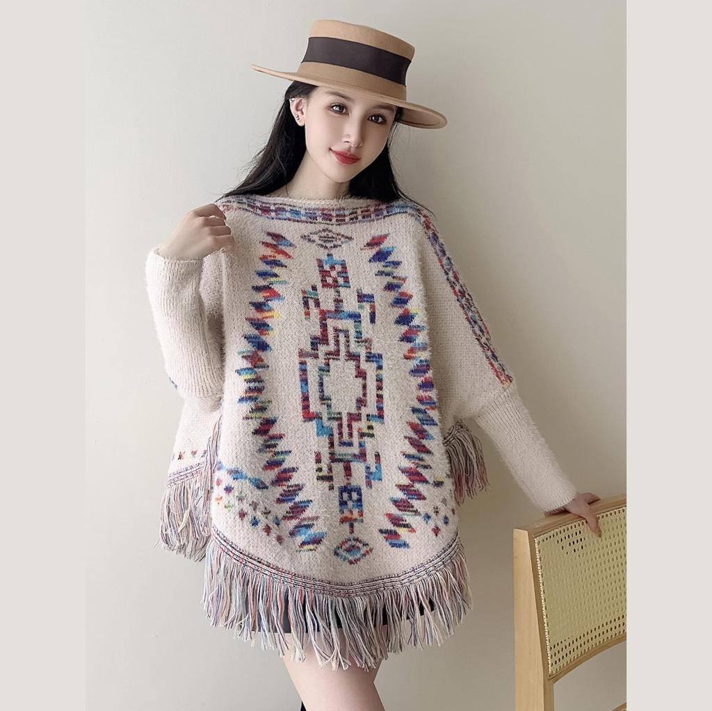 804 #Retro Ethnic Style Fringed Knitted Shawl Loose Pullover Temperament Long Sleeve Printed Sweater Cape Shawl
