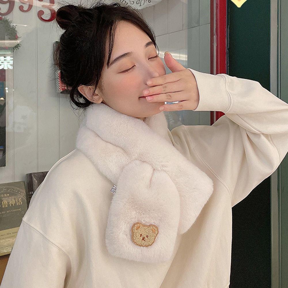 Women Faux Rabbit Fur Plush Shawl Neck Warmer Solid Color Cross Scarf Neckerchief Wrap