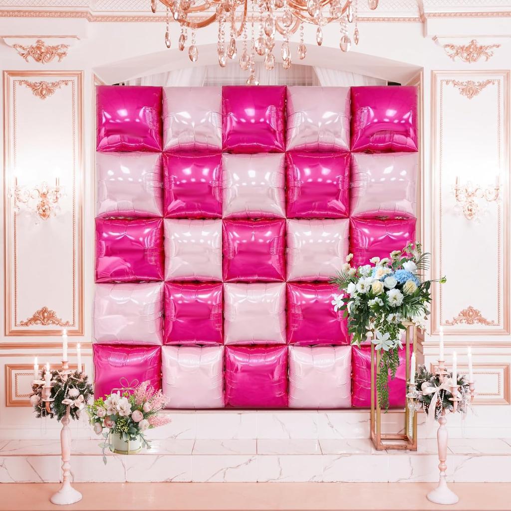 50pcs Hot Pink Square Foil Balloons Wall Double Sided Wedding Balloons Backdrop Arch Kit for Anniversary Valentines Day