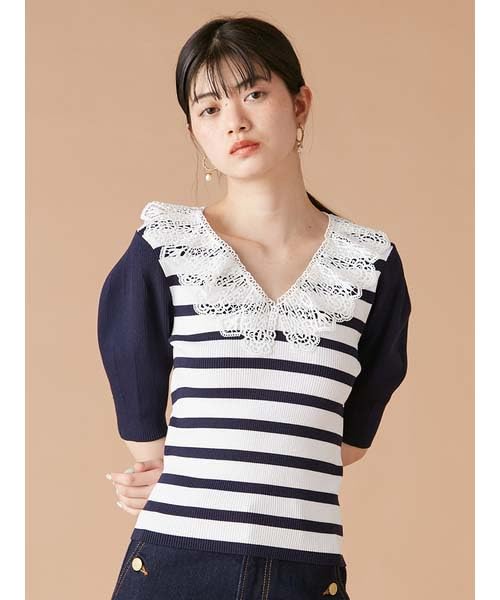 Lily Brown Border Knit Top LWNT252021 Women's Lace-Collar