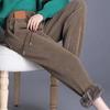 Women Winter Fall Pants Thick Plush Drawstring Elastic Waist Pockets Ankle-banded Thermal Cold Resistant Pure Color Loose Women Casual Harem