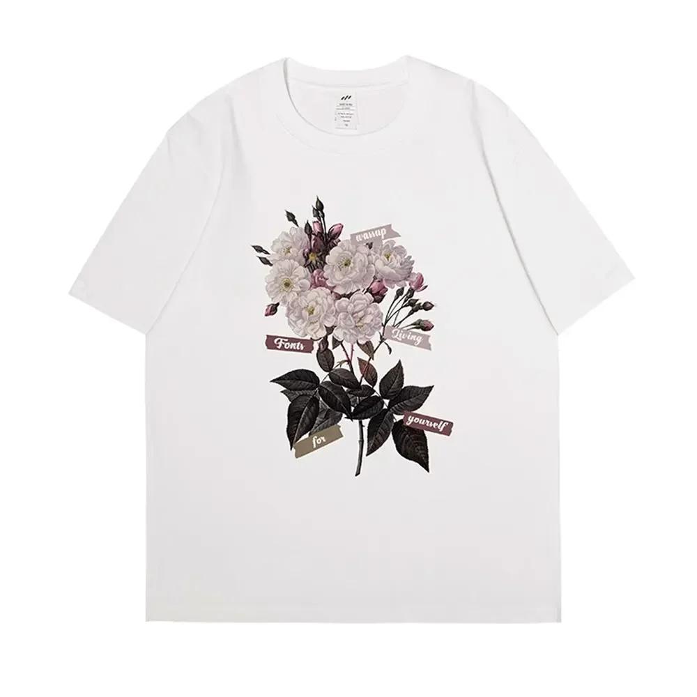 Цветочный принт летние мужские футболки модные короткие рукава 100% хлопок женские топы уличная одежда с круглым вырезом футболки повседневная одежда