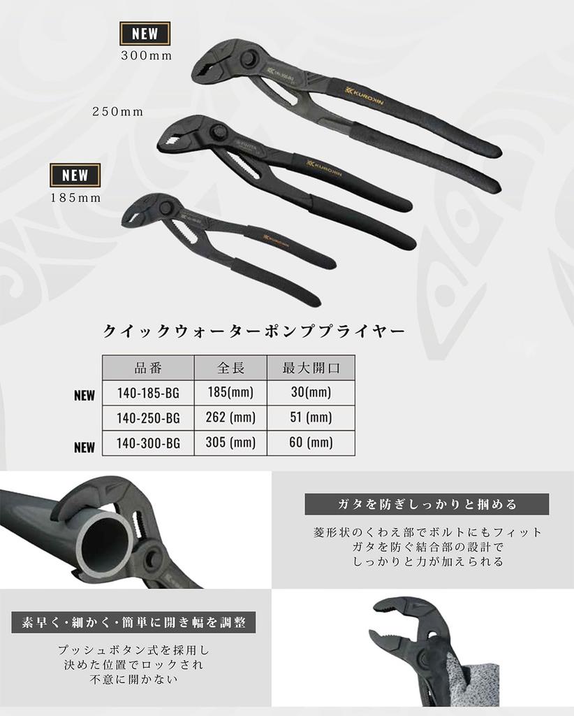 Fujiya Quick Water Pump Pliers, Black and Gold, 185mm Total Length, 30mm Opening, 140-185-BG