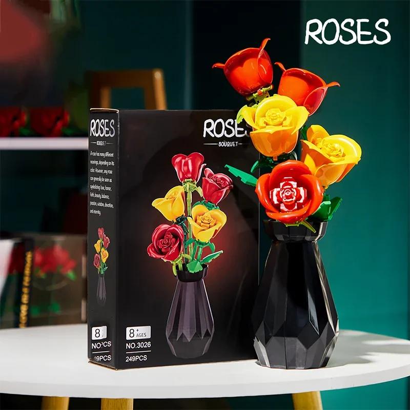 Rose Tulips Flower Model Building Blocks Set 3D Bouquet Bricks DIY Kids Toys Home Decoration Adult For Girls Holiday Day Gifts
