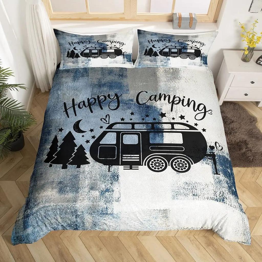 Happy Camping Duvet Set Retro Style Bedding Set Three-Piece Set