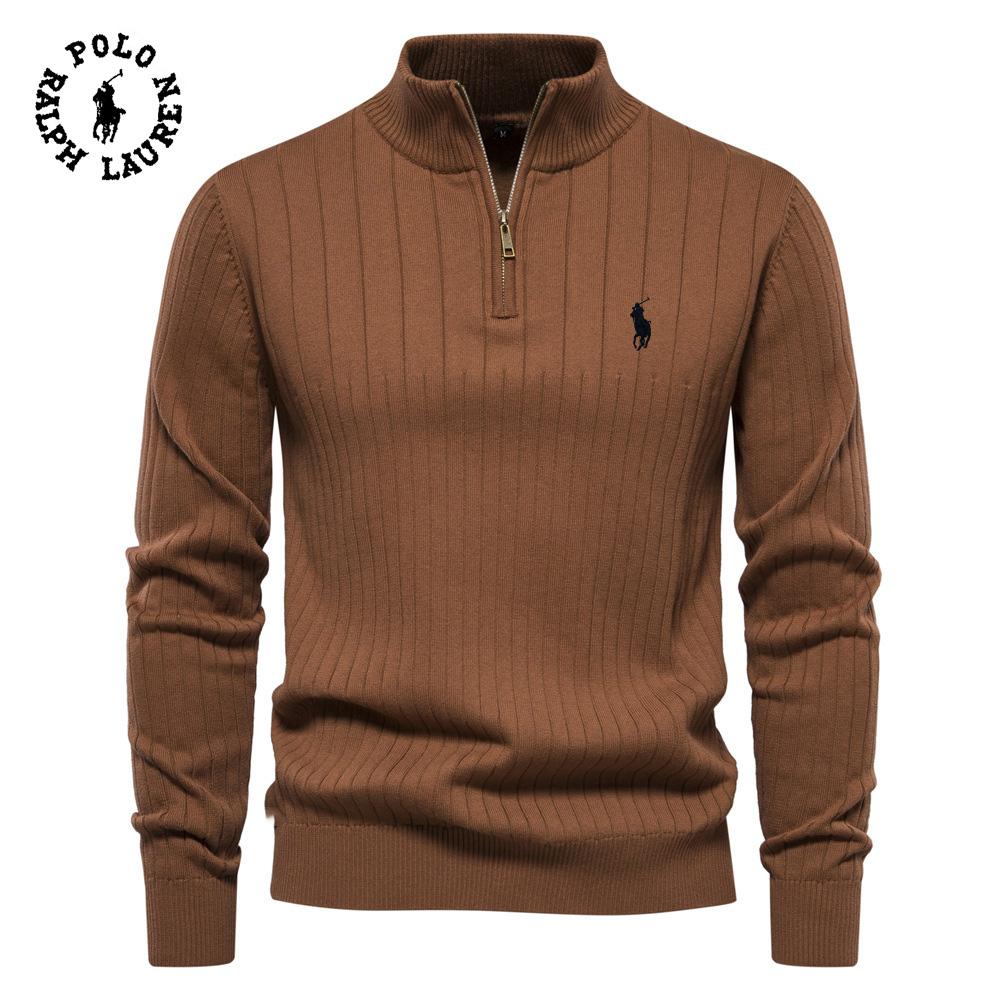 Мужской хлопковый свитер Ralph Lauren с вышивкой, воротником-стойкой, на молнии-поло, однотонный пуловер, высококачественный мужской вязаный свитер