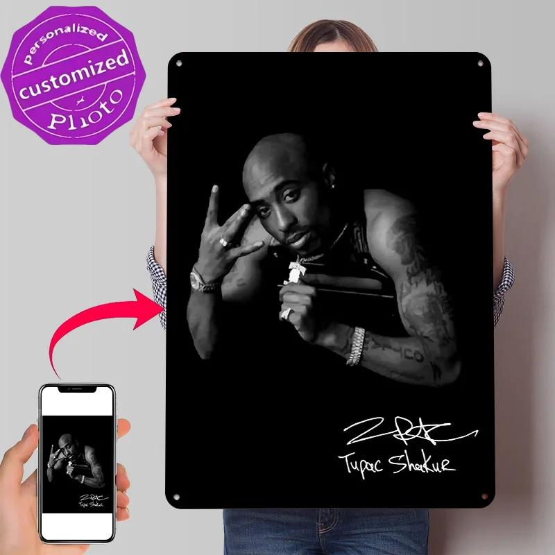 Tupac Shakur Portrait With Signature Poster Retro D Printed Metal Signs Customized Wall Hanging Gift for Decoration Aesthetic