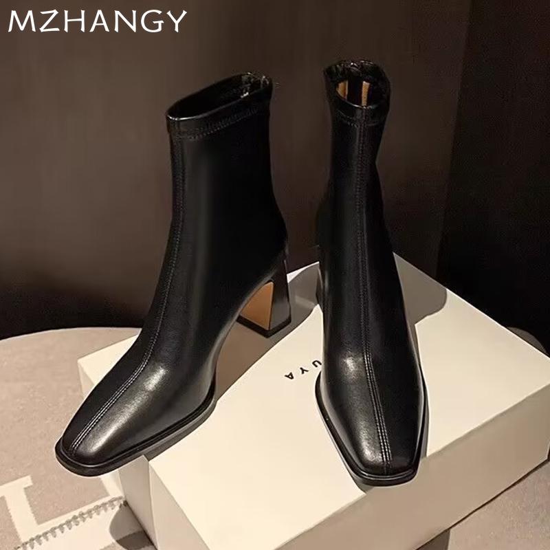 Fashion Square Toe Women Leather Ankle Boots Elegant High Heels Shoes Woman 2025 Trend Fashion Winter New Pumps Motorcycle Boots Mujer