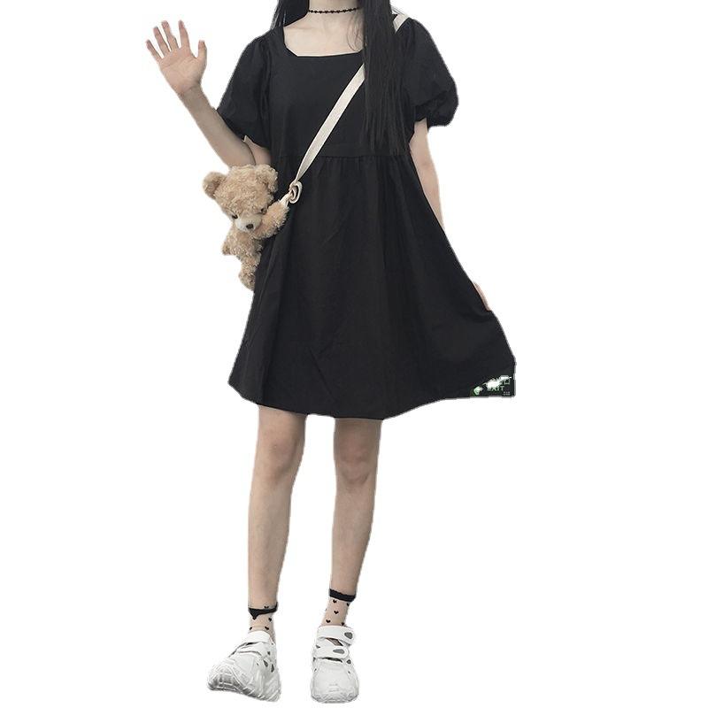 New Summer Korean Version Loose Short-sleeved Square Neck Dress Female Students Loose Internet Celebrity Foreign Style Thin Skirt