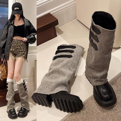 Ретро джинсовые сапоги-трубы на толстой подошве с пряжкой-ремнем женские осень 2025 новые высокие сапоги длинные сапоги тонкие сапоги-чулки женские