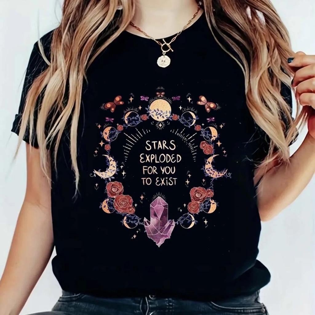 Cute mushroom print pattern, women's top short sleeve, women's new black print fashion T-shirt