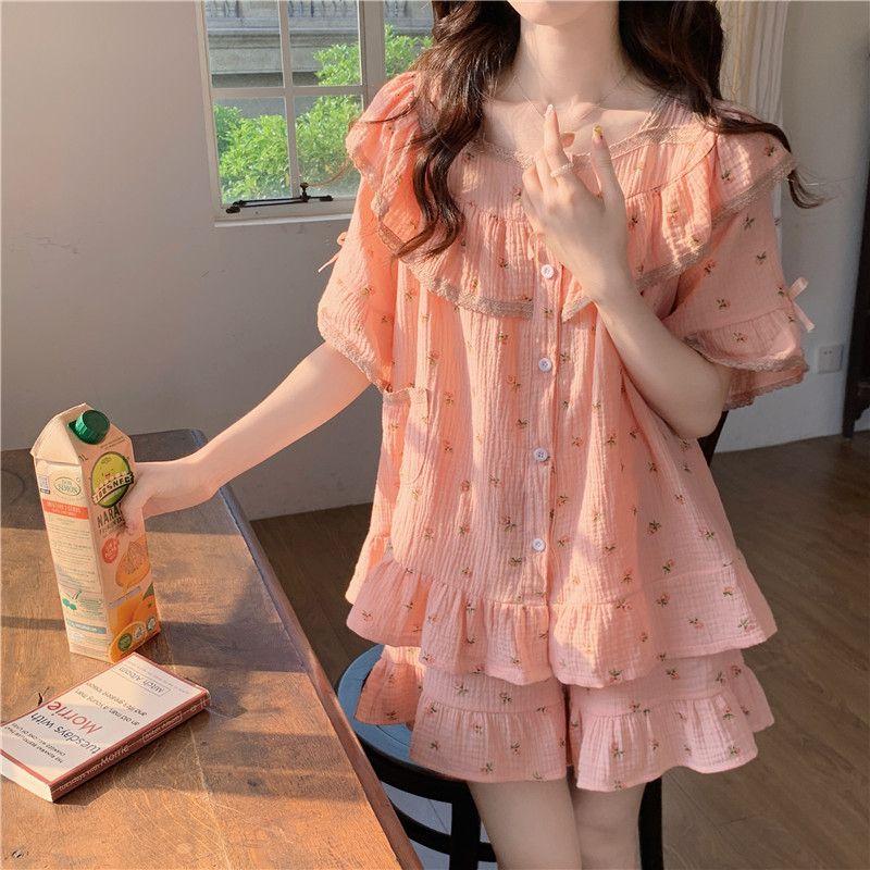 Сладкие и свежие пижамы, женские летние кружевные комплекты с короткими рукавами для общежития, комплект домашней одежды