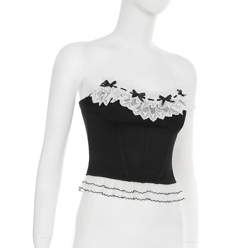 Женский стиль суда кружево кружево через веревку бант столкновение цветов бюстье чистое желание девушки корсет тонкий сотня сексуальных топов