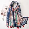 Women's Summer Retro Style Floral Silk Scarf with Colorful Tassels