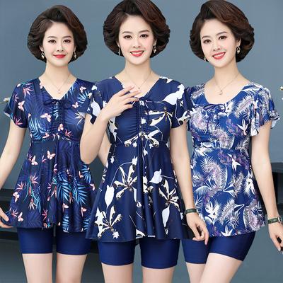 Плюс размер женщин среднего возраста из двух частей скромный купальник с принтом на шнурке платье для плавания шорты для мальчика комплект купальников с короткими рукавами горячий весенний купальный костюм