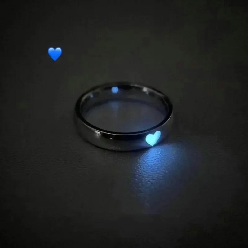 Glow in Dark Ring Luminous Blue Pink Light Love Heart Ring Couples Girls Silver Color Jewelry Adjustable Size New Fashion Rings