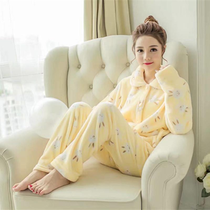 Winter Coral Fleece Thickened Warm Women's Pajamas Spring and Autumn Cute Student Long-sleeved Flannel Home Service Suit