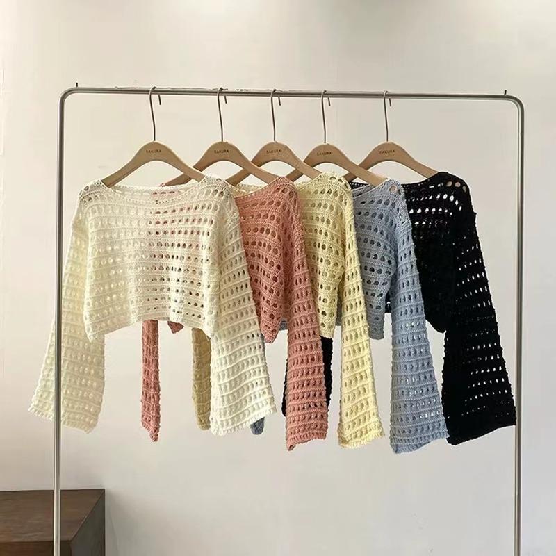 Модная новая женская рубашка с длинным рукавом, с вырезами, прозрачная, с круглым вырезом, вязаная накидка, повседневный короткий свитер, свободный, солнцезащитный, элегантный вязаный кроп-топ