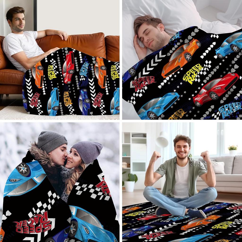 WZOMT Race Car Blanket for Kids Boys, Funny Red and Blue Sportcar Speed Racer Throw Blankets, Cool Car Lovers Gifts for Men Boys, Soft Cozy Fleece