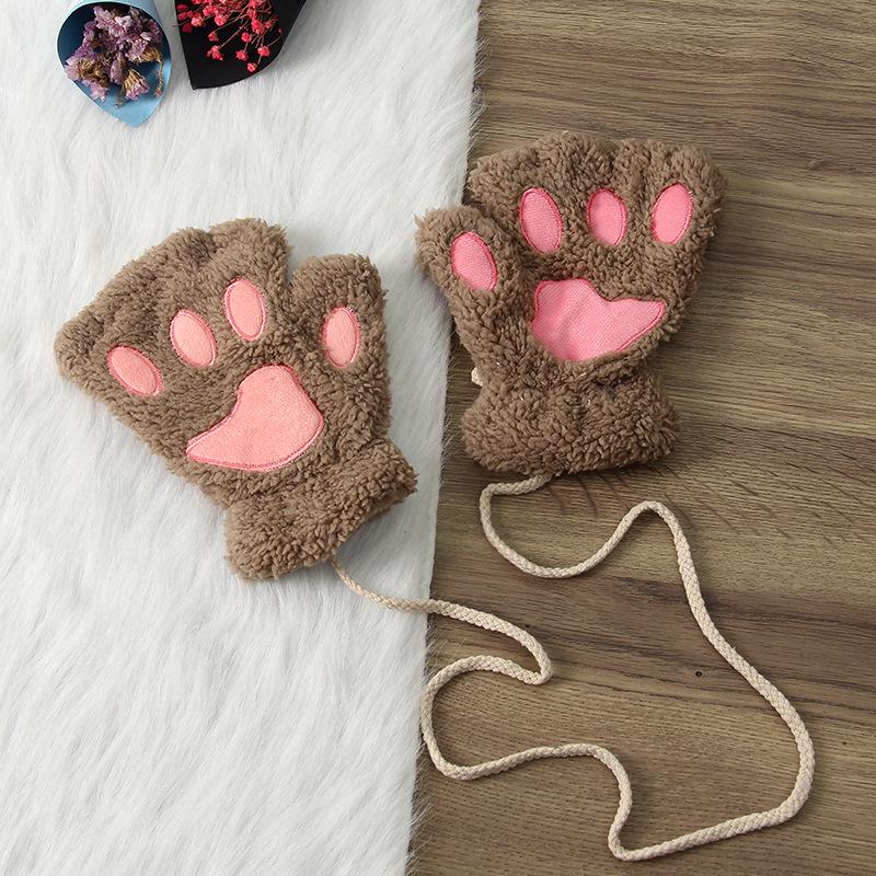 Winter Cute Cartoon Half-Finger Fleece Gloves for Women, Bear & Cat Paw Design.