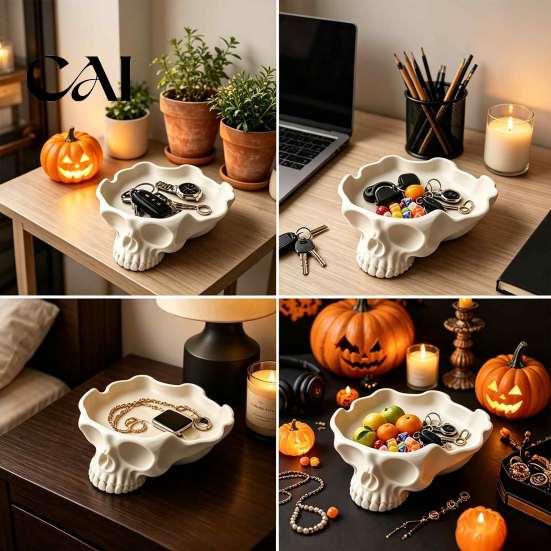 Intricate Carved Storage Plate Skull Catchall Tray, Vintage Resin Bowl for Keys Rings Jewelry, Gothic Handcrafted Tabletop Ornament Earrings