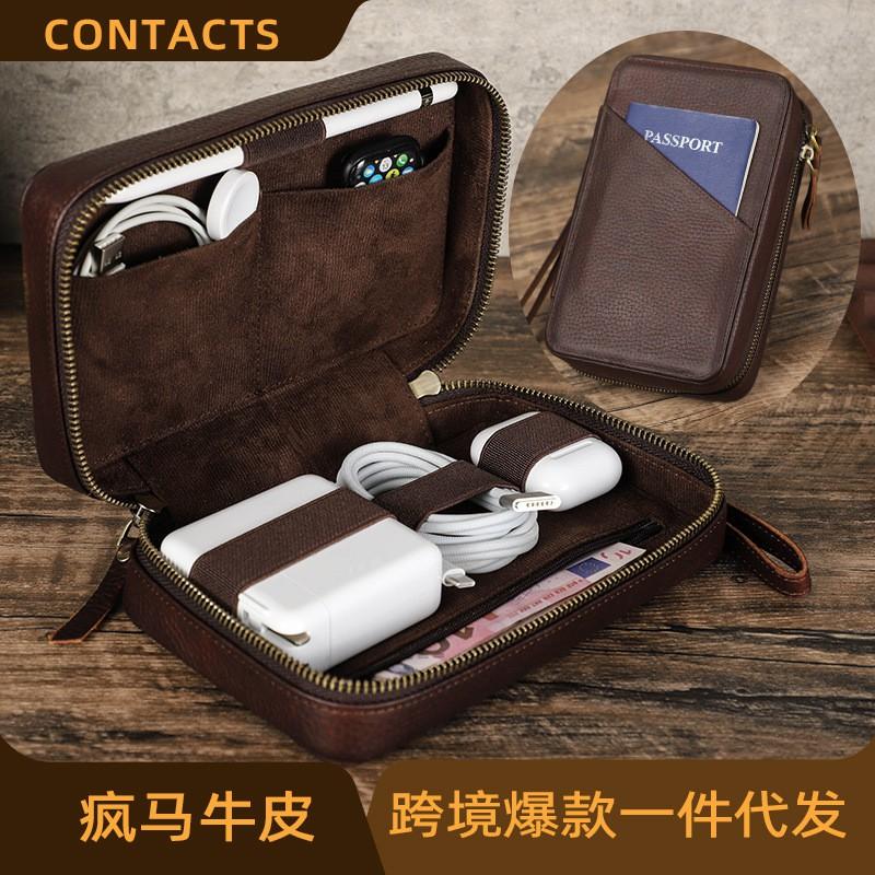 Mens Genuine Leather Clutch Bag Phone ID Cable Earphones Storage Stylish Crazy Horse