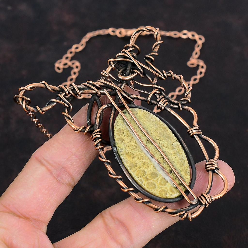 Ожерелье из ископаемого коралла с драгоценными камнями, регулируемое ожерелье с медной проволокой, уникальное ожерелье ручной работы, ювелирные изделия с медной проволокой, подарки для мамы