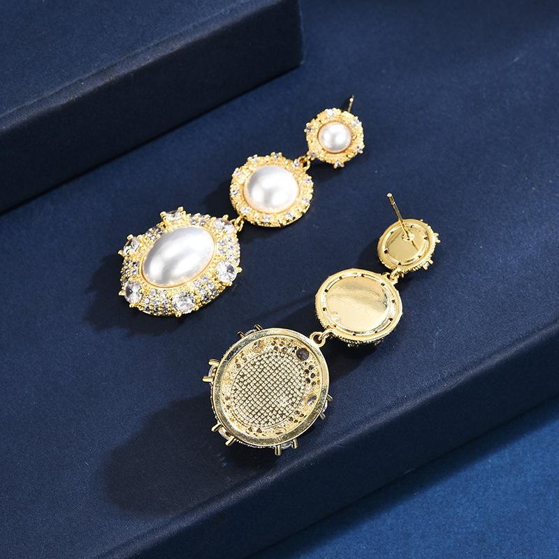 Модные легкие роскошные микро-инкрустированные серьги из циркония с геометрическим сращиванием круглого жемчуга, высококачественные украшения для ушей