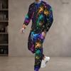 Men Plus Size Printed Two Piece Set Round Neck Long Sleeve Top Cuffed Pants