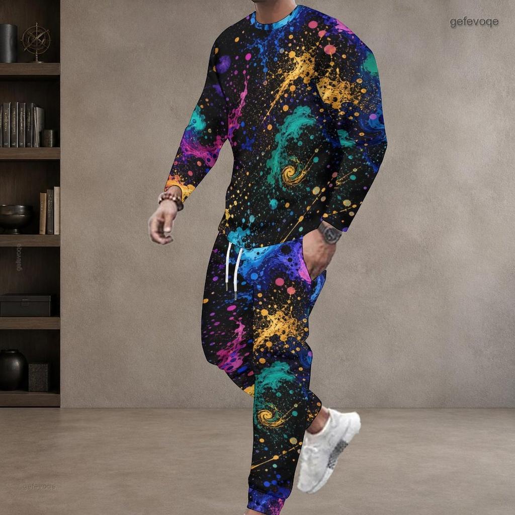 Men Plus Size Printed Two Piece Set Round Neck Long Sleeve Top Cuffed Pants