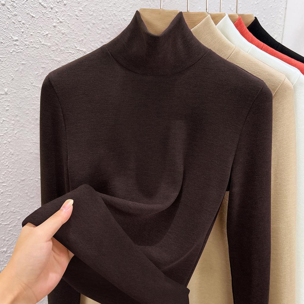 Autumn and Winter Women's Clothing Containing Wool and Silk Bottoming Shirt Women's Inner Heating Fleece Warm Turtleneck Top with Fleece and Thicker