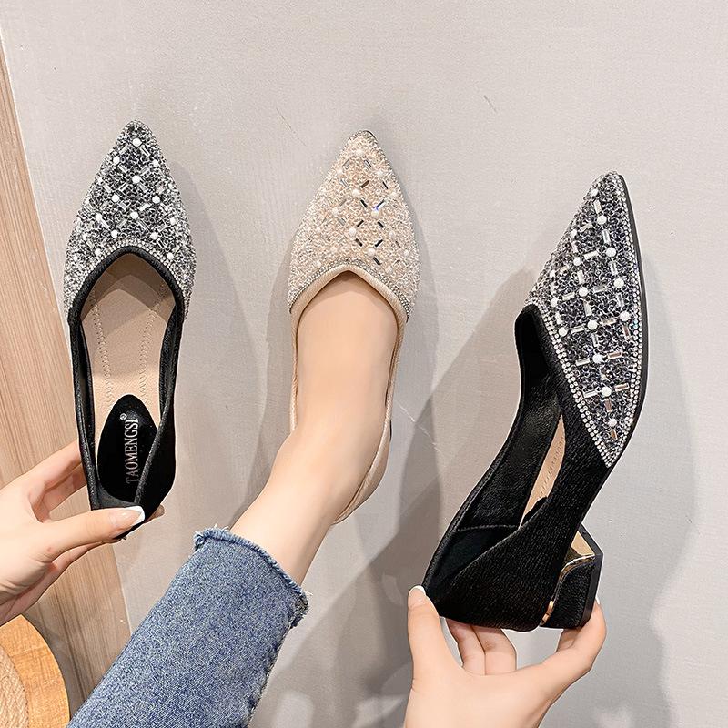 Французские туфли на высоком каблуке. Новые женские темпераментные туфли без шнуровки со стразами и блестками на толстом каблуке. Женская обувь большого размера 43