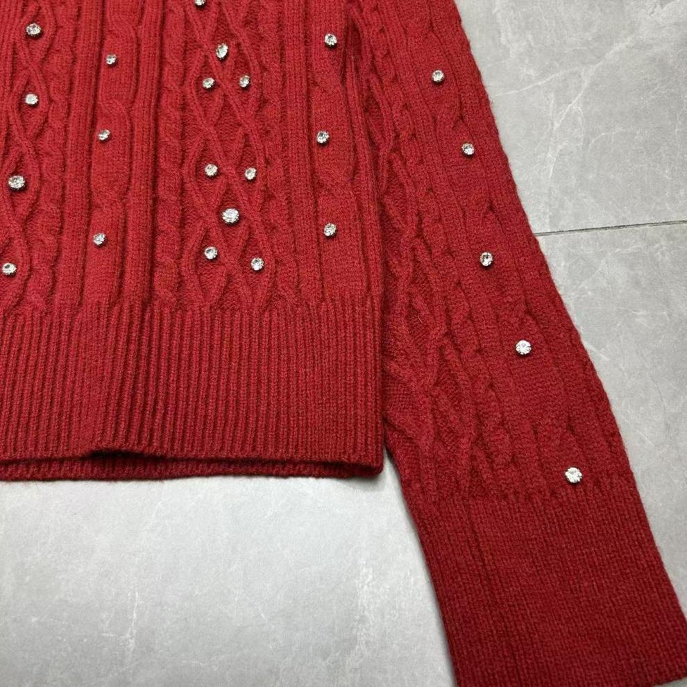2025 Winter Heavy Duty Nail Drill Embroidery Chinese New Year Red Knitted Cardigan Top