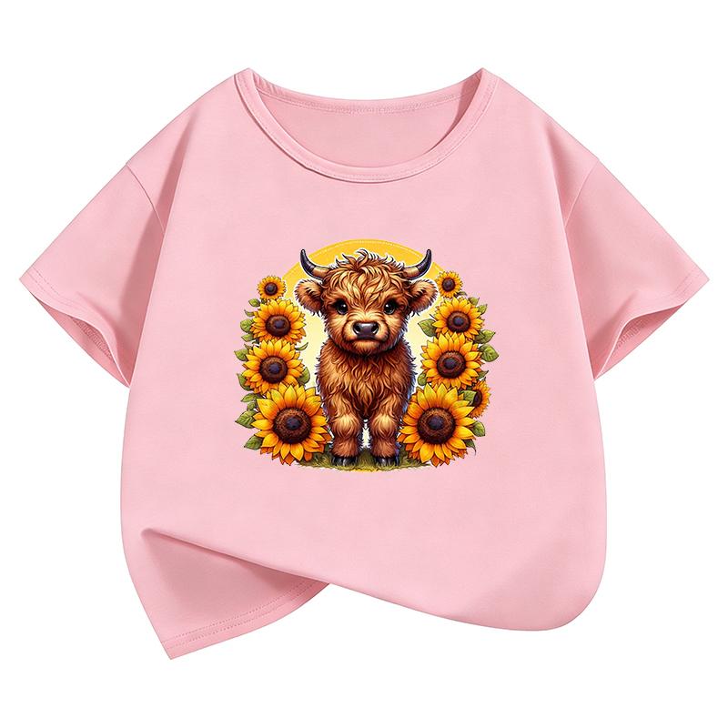 Fashion Cow with Flower Design TShirt Printed T Shirt Girls Summer Clothes Short Sleeve Tops TShirts Cute Boys Clothing