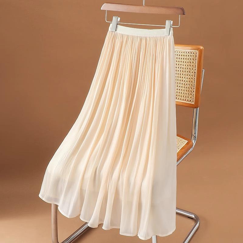 Dimanaf 2025 Summer Women New Skirts Solid Elastic Waist Pleated Mesh Elegant Skirts