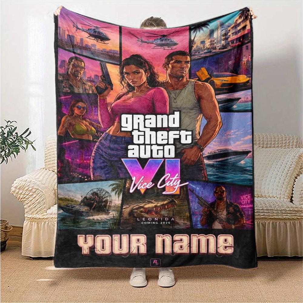 Name Custom GTA Game Print Flannel Blanket High Quality Warm Comfortable Cover for All Seasons Perfect for Gifts Home Decor