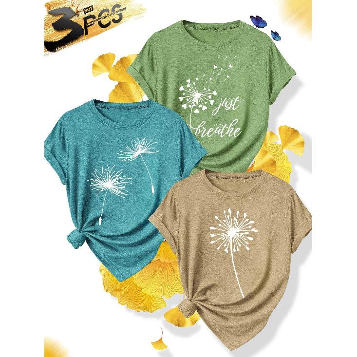 3Elegant plus-size short-sleeved outfit for sisters to attend parties T Shirt Just Breathe Dandelion print plus-size women's casual sportswear for