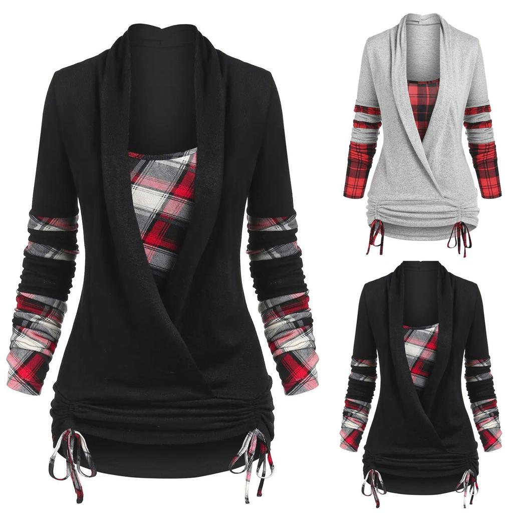 Женский модный повседневный клетчатый топ с круглым вырезом и веревочным топом с длинными рукавами