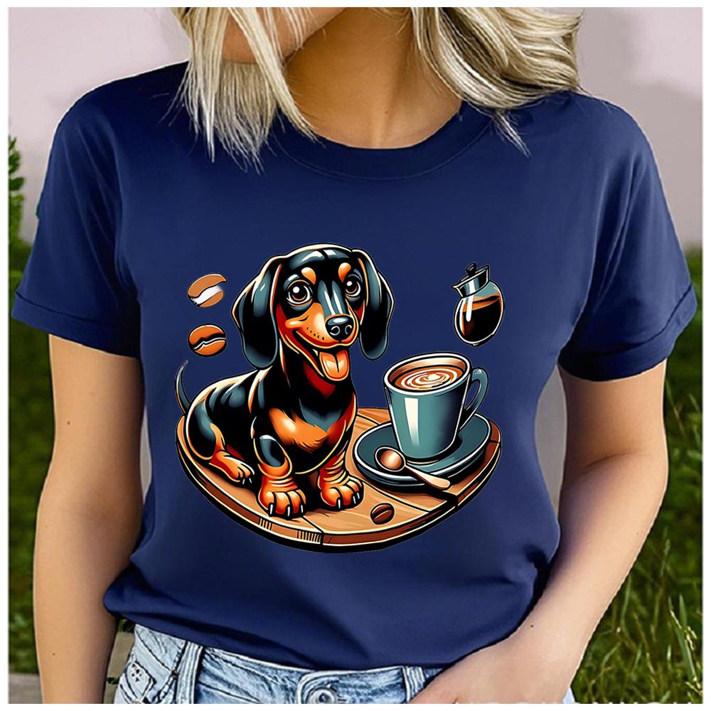 Unisex 100% Polyester Summer Top Black and brown terrier dog Print Loose round Neck Short Sleeve Fashion for Lovers